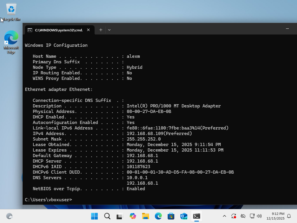 ipconfig showing valid IP